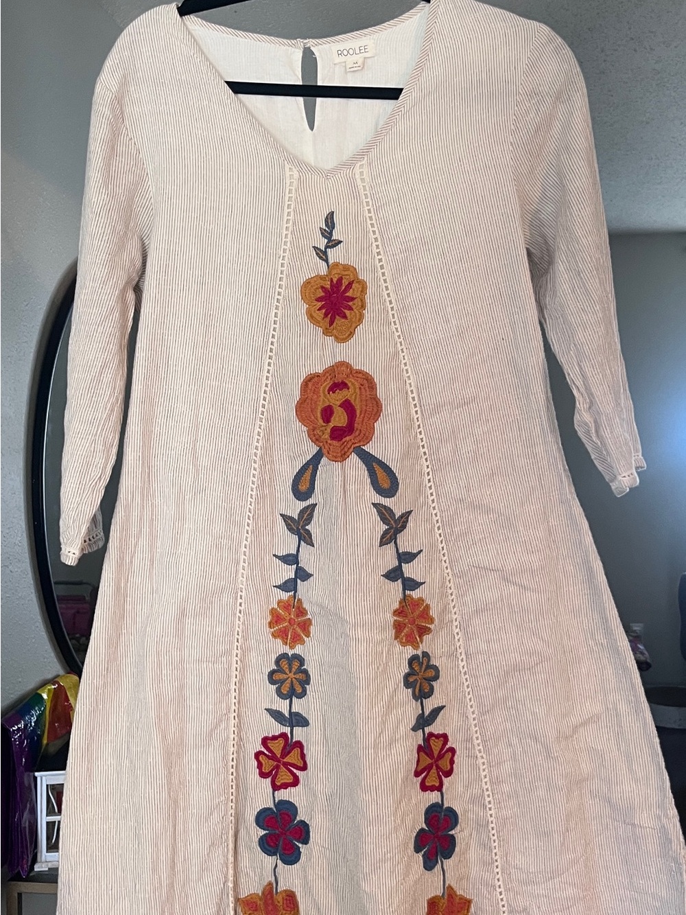 Roolee Embroidered V-Neck Tunic Dress - Cream with Multicolor Floral size M